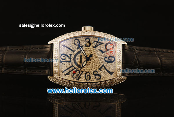Franck Muller Curvex Swiss ETA 2836 Automatic Steel Case with Diamond Bezel and Diamond Dial - Black Leather Strap - Click Image to Close